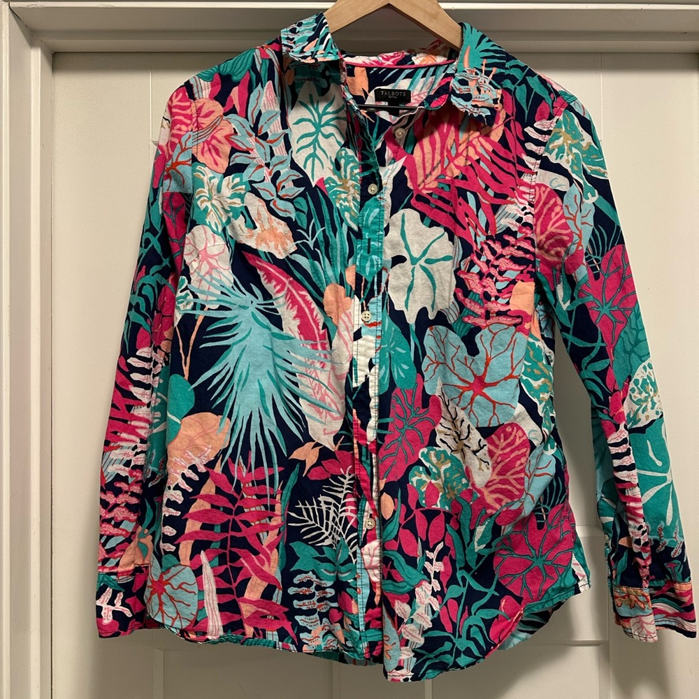 Talbots Floral Leaf Button Down, Large Petite